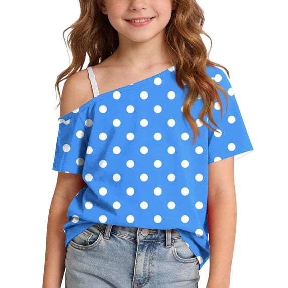 RoamHome Girls Polka Dot Off Shoulder T-Shirt 4-14Y, Short Sleeve Casual Tee for Summer Daily Party Vacation Wear