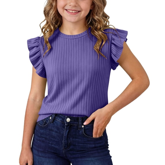 RoamHome Girls Ruffle Sleeve Crew Neck T-Shirt Ribbed Solid Tee for 0-12Y Kids Summer Wear