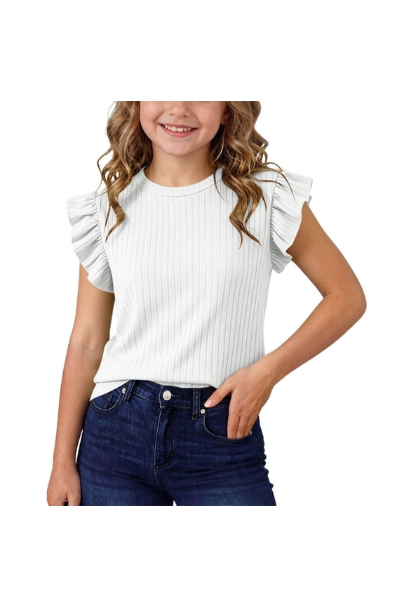 Girls Ruffle Sleeve Crew Neck T-Shirt Ribbed Solid Tee for 0-12Y Kids Summer Wear