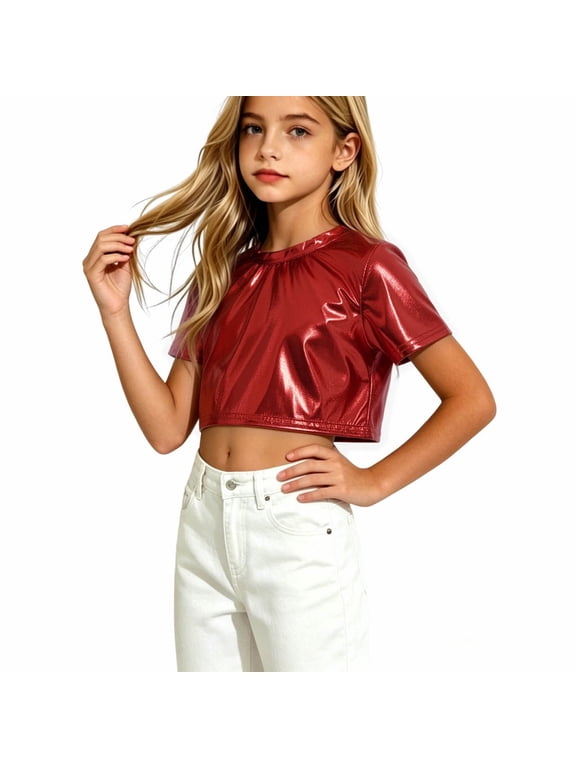 Kids Shiny Faux Leather Crop Short Sleeve Top, 2-15 Years Boys Girls Crew Neck Cool Cropped Tee