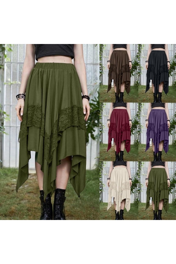 Maxi Skirts for Women Gothic Punk Solid Color Asymmetrical Midi Skirt with Lace Trim