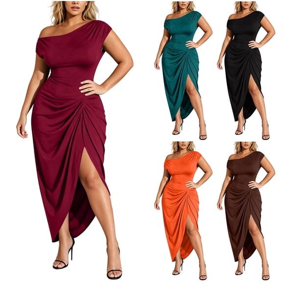 RoamHome Plus Size Women's One Shoulder Ruched Twist Bodycon Midi Dress High Slit Short Sleeve Dresses for Cocktail