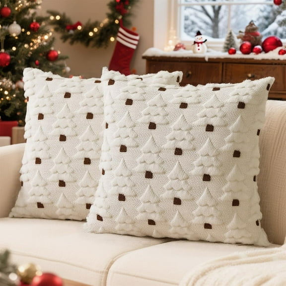 RoamHome Set Of 2 Christmas Tree Throw Pillow Covers 18x18 Faux Wool Pillow Covers For Couch Sofa Decor Soft Holiday Decorations For Bed Porch