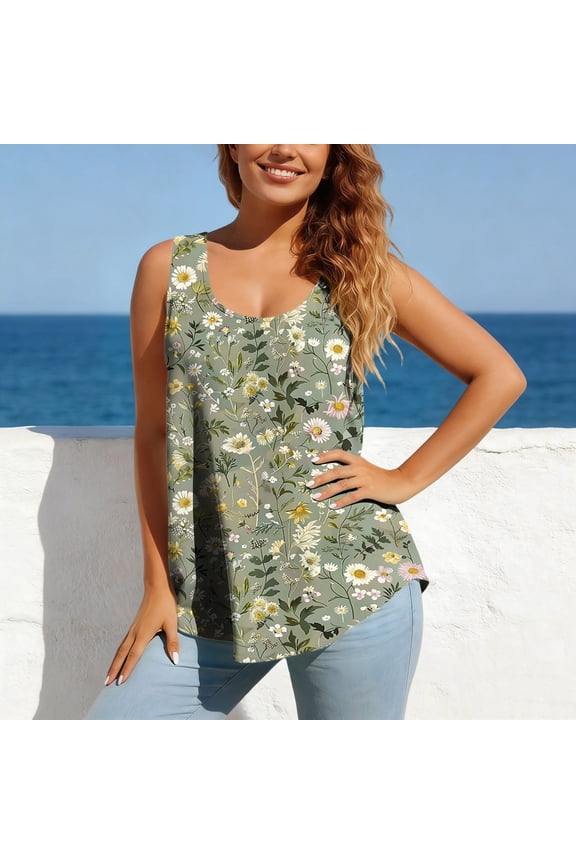 Spaghetti Strap Tank Top Floral Print Loose Tank Top Plus Size Casual for Summer Daily Wear
