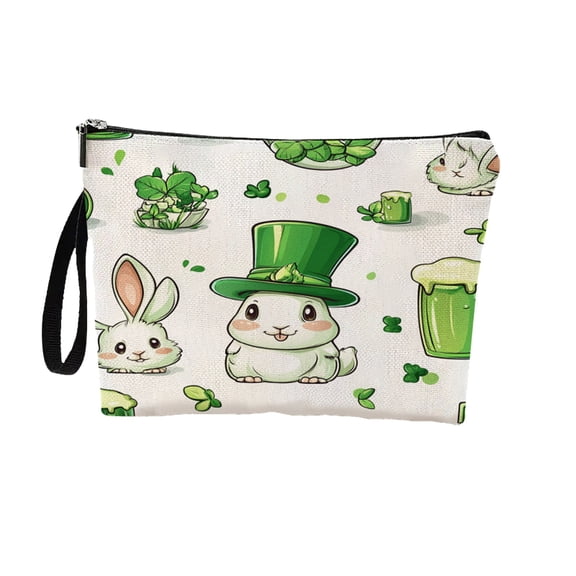 RoamHome St. Patrick's Day Bunny Cosmetic Bag - Holiday Themed Makeup Pouch with Zipper, Waterproof Plastic Storage Organizer for Lipstick & Travel Essentials - Cute Gift for Women (10x7in)