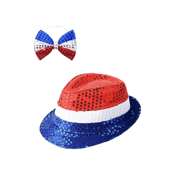RoamHome USA Flag Sequin Hat & Bowtie Set - Patriotic Independence Day Costume Accessories, Red White Blue Sparkly Hat with Lavalier for 4th of July Parties, Parades & Performances (11in)