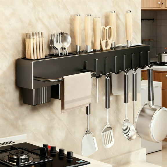 RoamHome Wall Mounted Multifunctional Knife Rack, No Hole Kitchen Shelf with Chopstick Cage, Modern Storage Rack for Knives, Spoons, Utensils, 2 Installation Ways, 3 Sizes 30cm 40cm 50cm