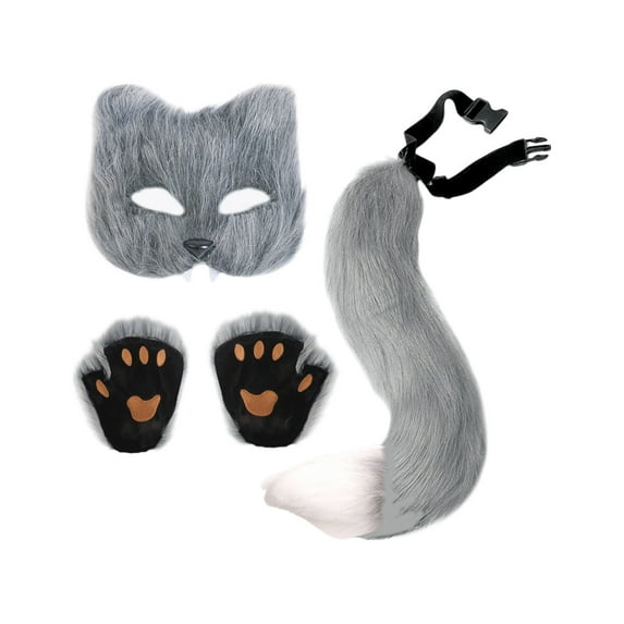 RoamHome Wolf Fox Tail Clip Ears & Gloves Set - Faux Fur Halloween Christmas Costume Accessories for Women, Adjustable Soft Gloves with Tail for Party Cosplay, Festive Gift for Adults