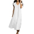 thumbnail image 1 of RoamHome Women Cotton Linen Maxi Dress, Ruffle V Neck Flutter Cap Sleeve Solid Loose Long Summer Dresses, 1 of 8