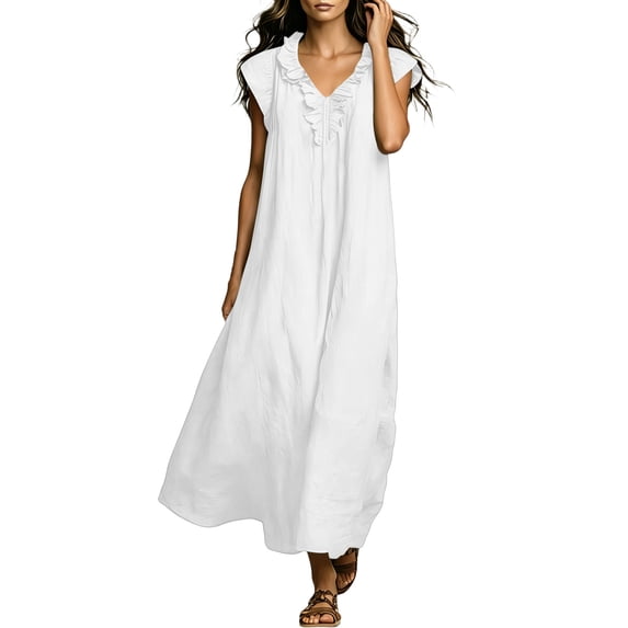 RoamHome Women Cotton Linen Maxi Dress, Ruffle V Neck Flutter Cap Sleeve Solid Loose Long Summer Dresses