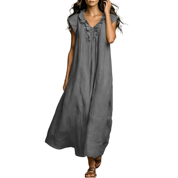 RoamHome Women Cotton Linen Maxi Dress, Ruffle V Neck Flutter Cap Sleeve Solid Loose Long Summer Dresses