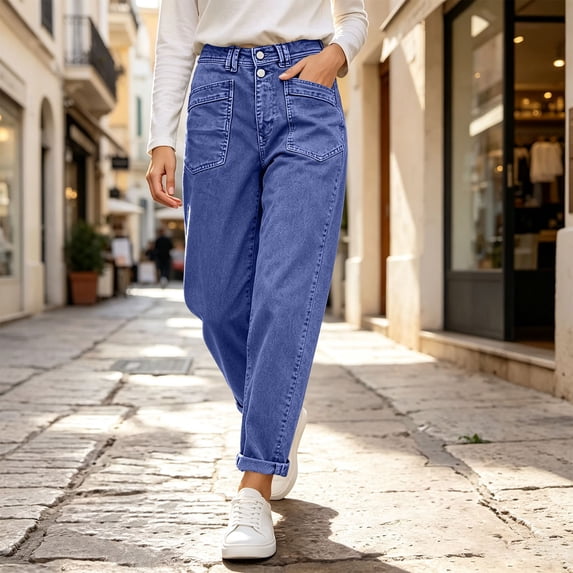RoamHome Women Mid Rise Straight Leg Denim Jeans Slanted Pocket All Season Pants For Women