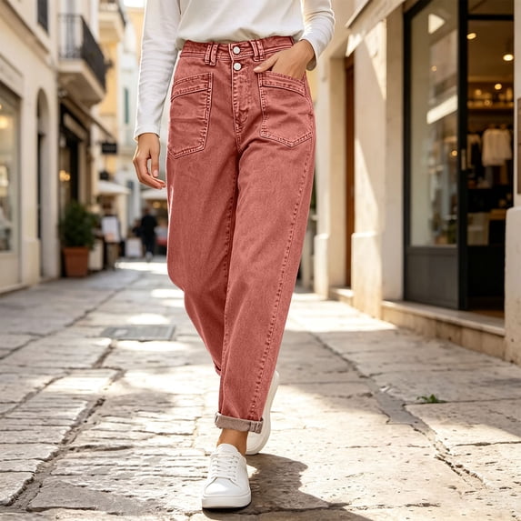 RoamHome Women Mid Rise Straight Leg Denim Jeans Slanted Pocket All Season Pants For Women