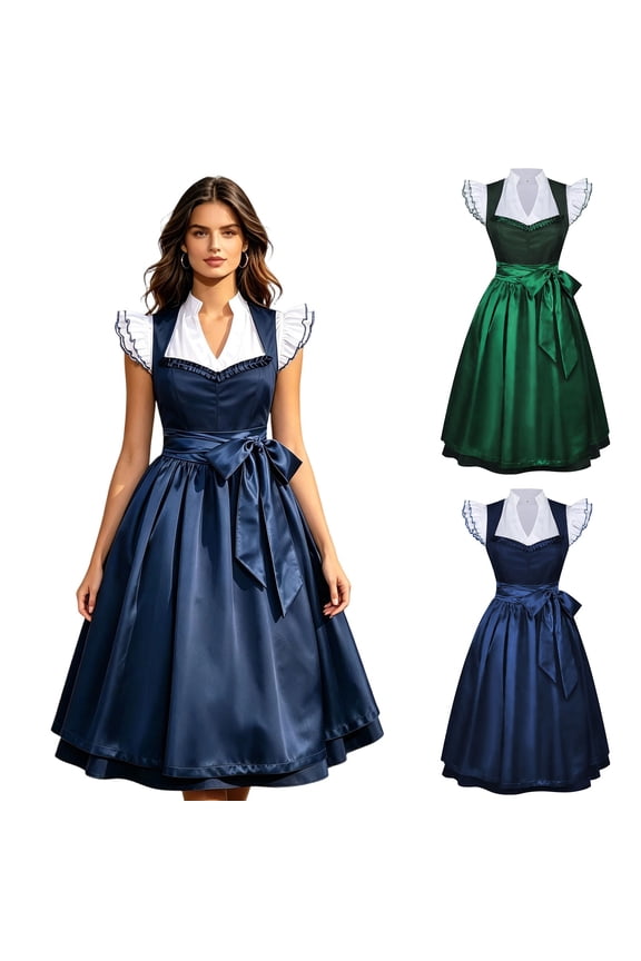 Women's 2 Piece Oktoberfest Dirndl Dress German Bavarian Ruffle Sleeve V Neck Summer Dress