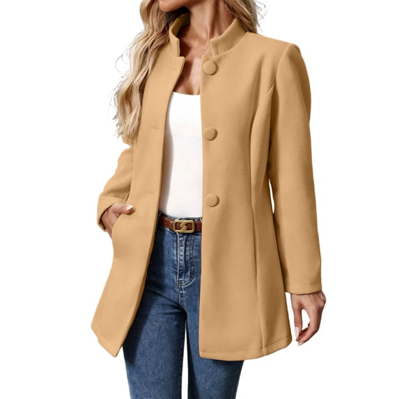 RoamHome Women's Casual Stand Collar Mid Length Wool Blend Coat Notched Lapel Button Front Jacket for Fall Winter Daily Wear