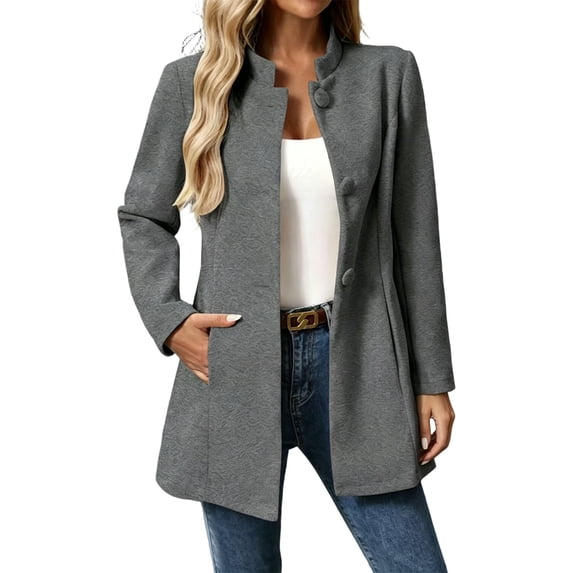 RoamHome Women's Casual Stand Collar Mid Length Wool Blend Coat Notched Lapel Button Front Jacket for Fall Winter Daily Wear