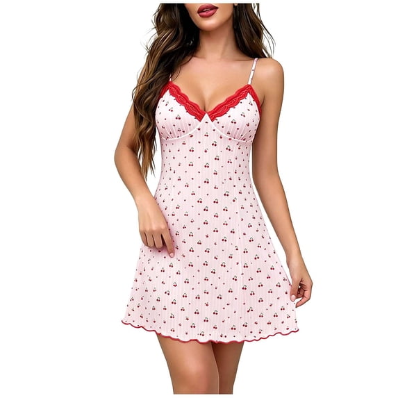 RoamHome Women's Cherry Print Mini Dress Lace Trim V Neck Spaghetti Strap Ribbed Bodycon Summer Casual