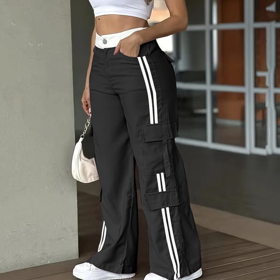 RoamHome Women's Contrast Waist Cargo Pants Side Striped Wide Straight Leg Multi Pockets Casual Pants