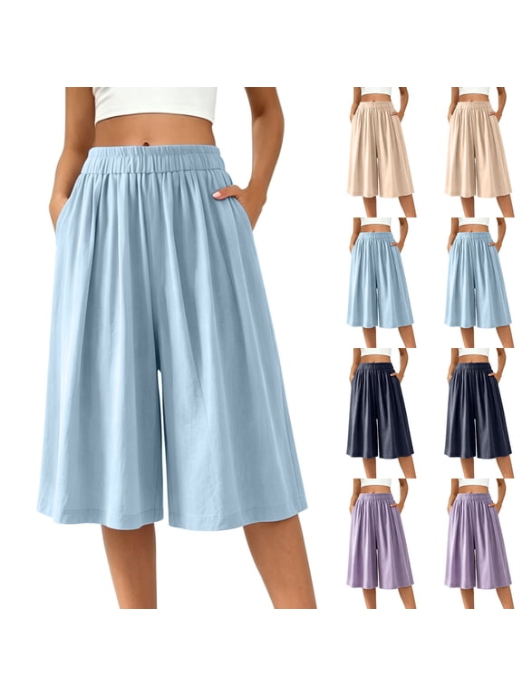 Women's Elastic Waist Wide Leg Culottes Loose Fit Draped Solid Summer Casual Pants