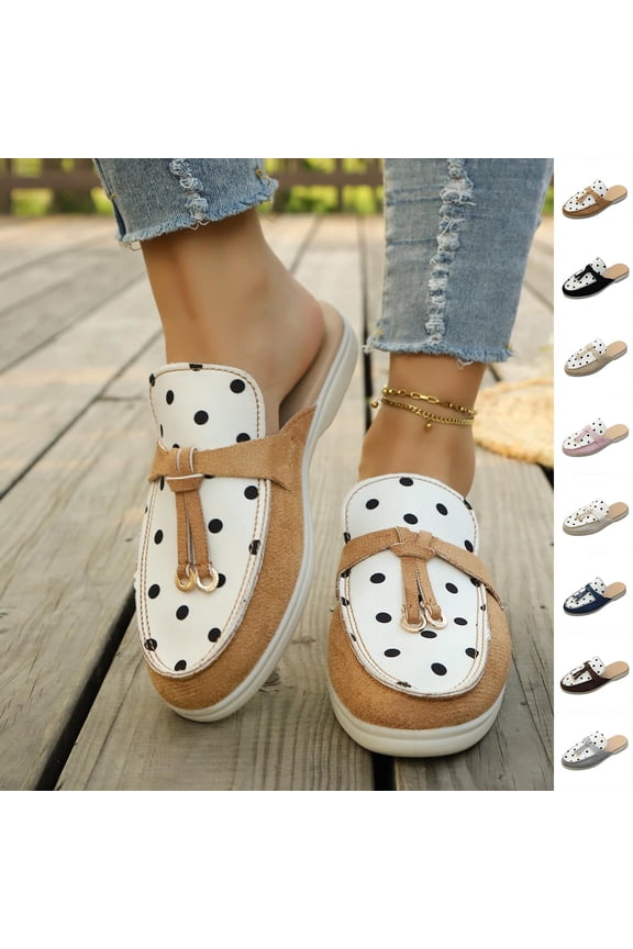 Women's Fashion Casual Polka Dot Bowtie Slip-On Mules | Retro Ethnic Round Toe Flat Slippers | Comfortable Non-Slip Daily Home & Outdoor Shoes