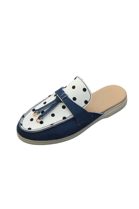 Women's Fashion Casual Polka Dot Bowtie Slip-On Mules | Retro Ethnic Round Toe Flat Slippers | Comfortable Non-Slip Daily Home & Outdoor Shoes