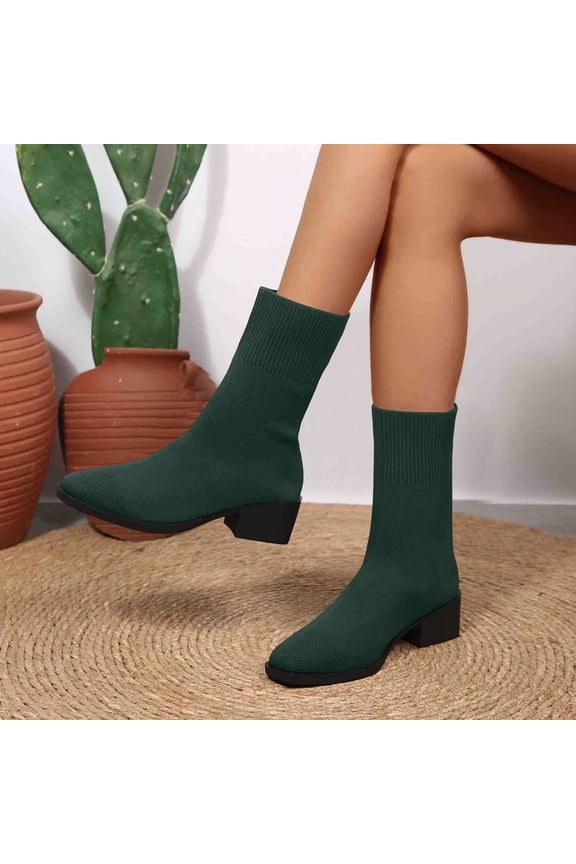 Women's Fashion Mid-Calf Sock Boots Elastic Knit Ankle Boots with Block Heel Winter Casual Walking Daily Wear