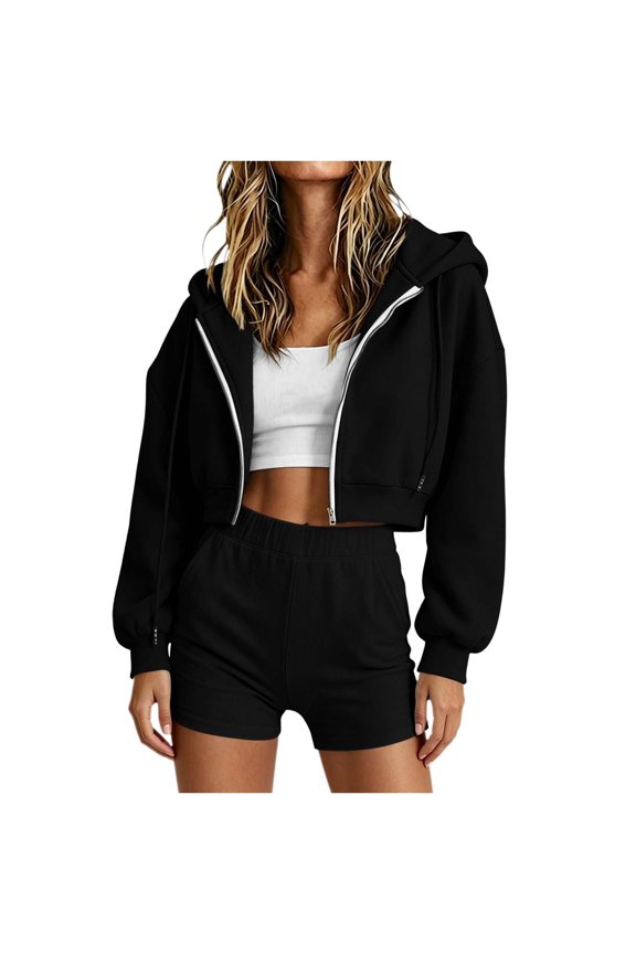 Women's Fleece Hoodie Shorts Set Long Sleeve Cropped Sweatshirt Drawstring Two Piece Tracksuit for Fall Winter Workout
