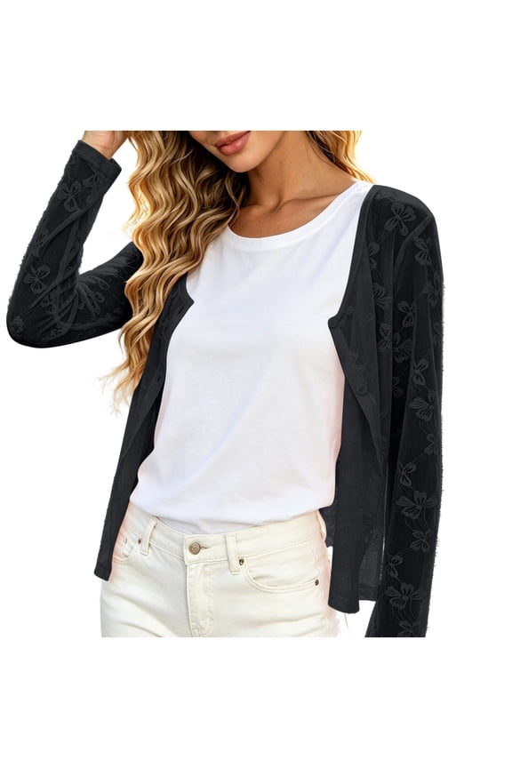 Women's Floral Lace Cardigan Long Sleeve Crew Neck Button Down Sheer Top Casual Elegant Summer Spring Autumn Beach Cover Up Loose Fit Blouse
