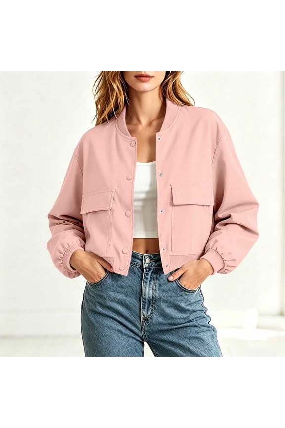 Women's Lapel Pocket Button Front Cropped Puffer Jacket Long Sleeve Casual Baseball Bomber Coat for Spring Autumn Winter Daily Wear