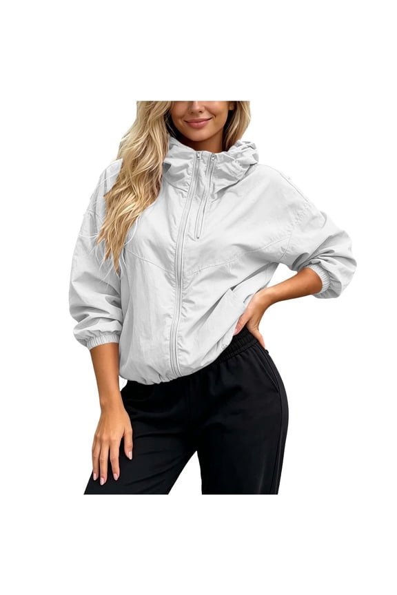 Women's Long Sleeve Hooded Zip-Up Lightweight Windbreaker Jacket with Side Pockets, Casual Short Length Loose Fit Outerwear for Daily Wear