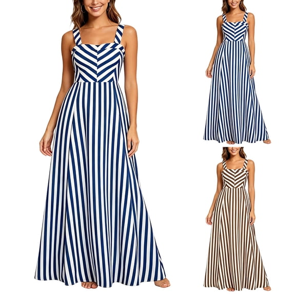 RoamHome Women's Plus Size Striped Maxi Dress Sleeveless Square Neck A Line Flowy Long Dress Summer Outfit