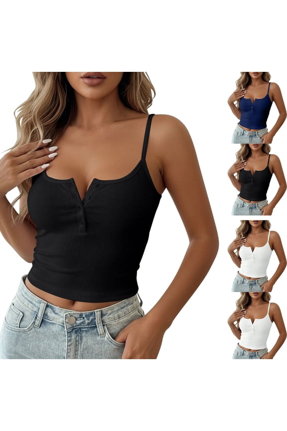 Women's Ribbed Henley Neck Crop Cami Top, Slim Fit Spaghetti Strap Tank for Summer
