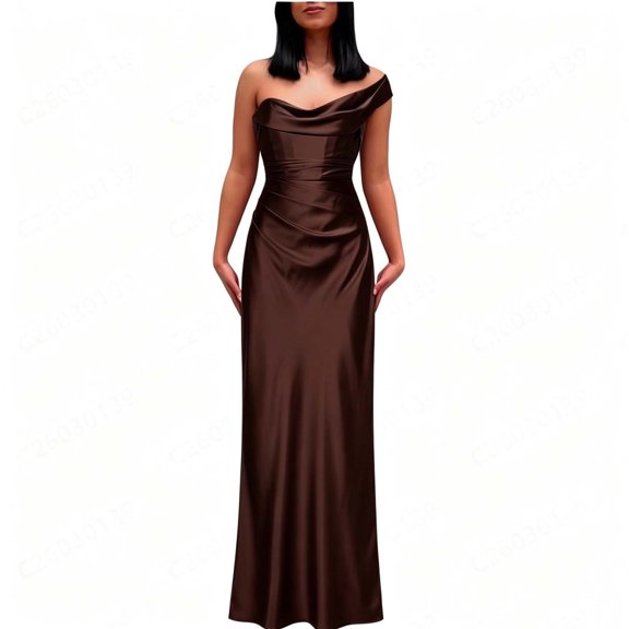 RoamHome Women's Satin One Shoulder Maxi Dress Cowl Neck Ruched Waist Bodycon Floor Length Formal Evening