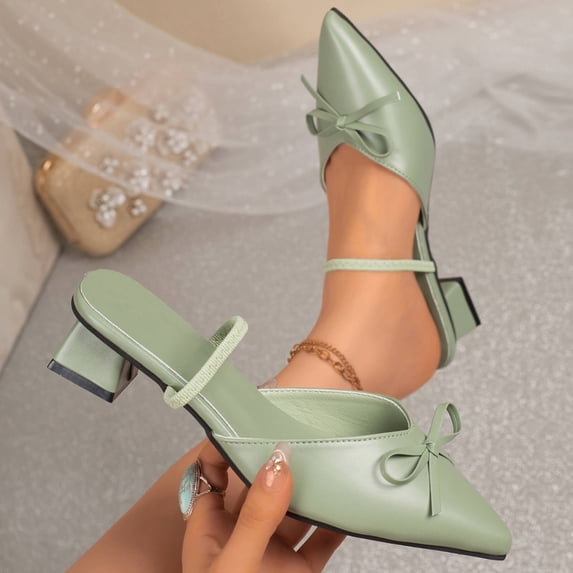 RoamHome Women's Slingback Pumps Low Block Heel Pointed Toe Mules with Bow Summer Spring Dressy Casual Comfortable Slip-On Office Daily Party Wedding Shoes