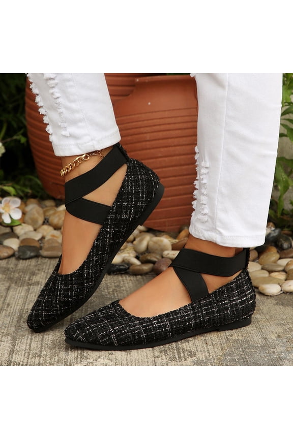 Women's Tweed Mary Jane Flats Elastic Strap Pointed Toe Comfy Ballet Shoes Casual Walking Sneakers