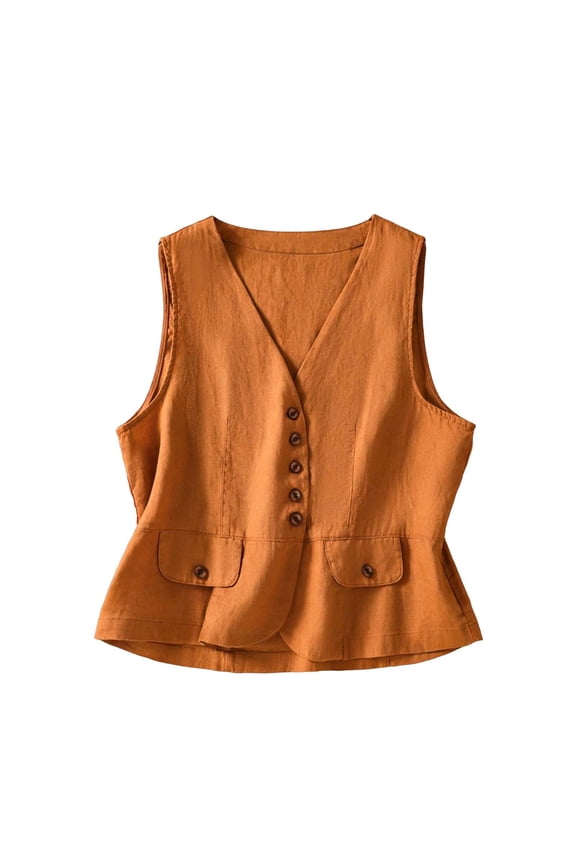 Women's V-Neck Sleeveless Casual Retro Vest Cardigan with Wooden Buttons & Pockets | Loose Fit Solid Color | Daily/Casual/Office/Streetwear