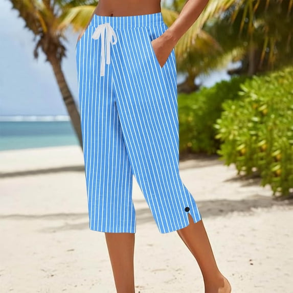RoamHome Women's Vertical Striped Capri Pants Elastic Waist Drawstring Side Slit Button with Pockets