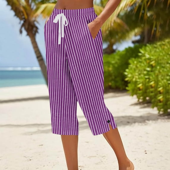 RoamHome Women's Vertical Striped Capri Pants Elastic Waist Drawstring Side Slit Button with Pockets