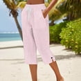thumbnail image 1 of RoamHome Women's Vertical Striped Capri Pants Elastic Waist Drawstring Side Slit Button with Pockets, 1 of 5