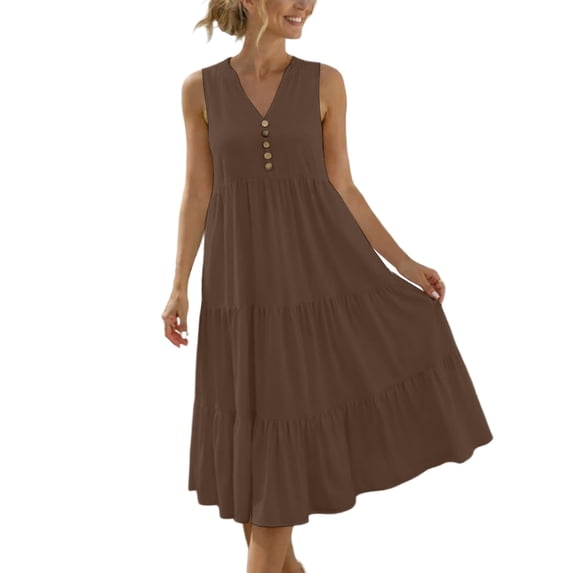 RoamHome Womens Dresses Sleeveless V Neck Tiered Midi Dress, Button Front Loose Flowy Solid Sundresses for Women