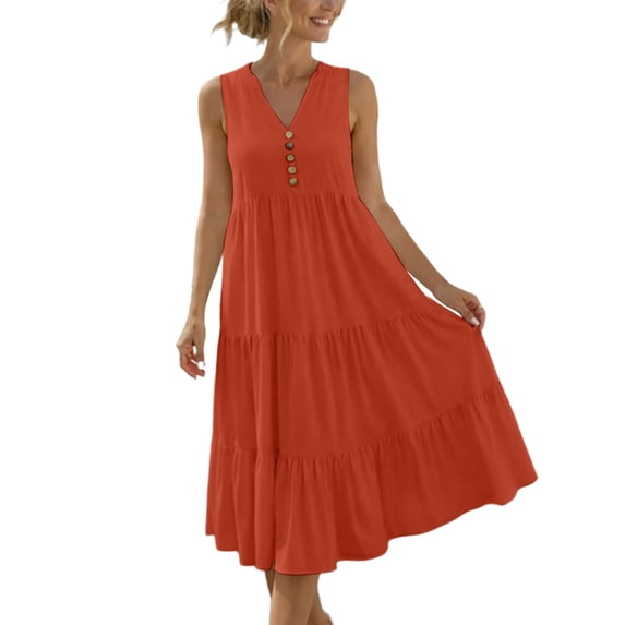 RoamHome Womens Dresses Sleeveless V Neck Tiered Midi Dress, Button Front Loose Flowy Solid Sundresses for Women
