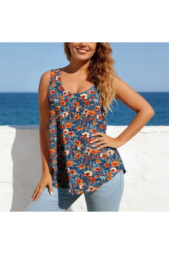 Womens Tank Tops Floral Print Loose Fit Tank Top Plus Size Casual Top