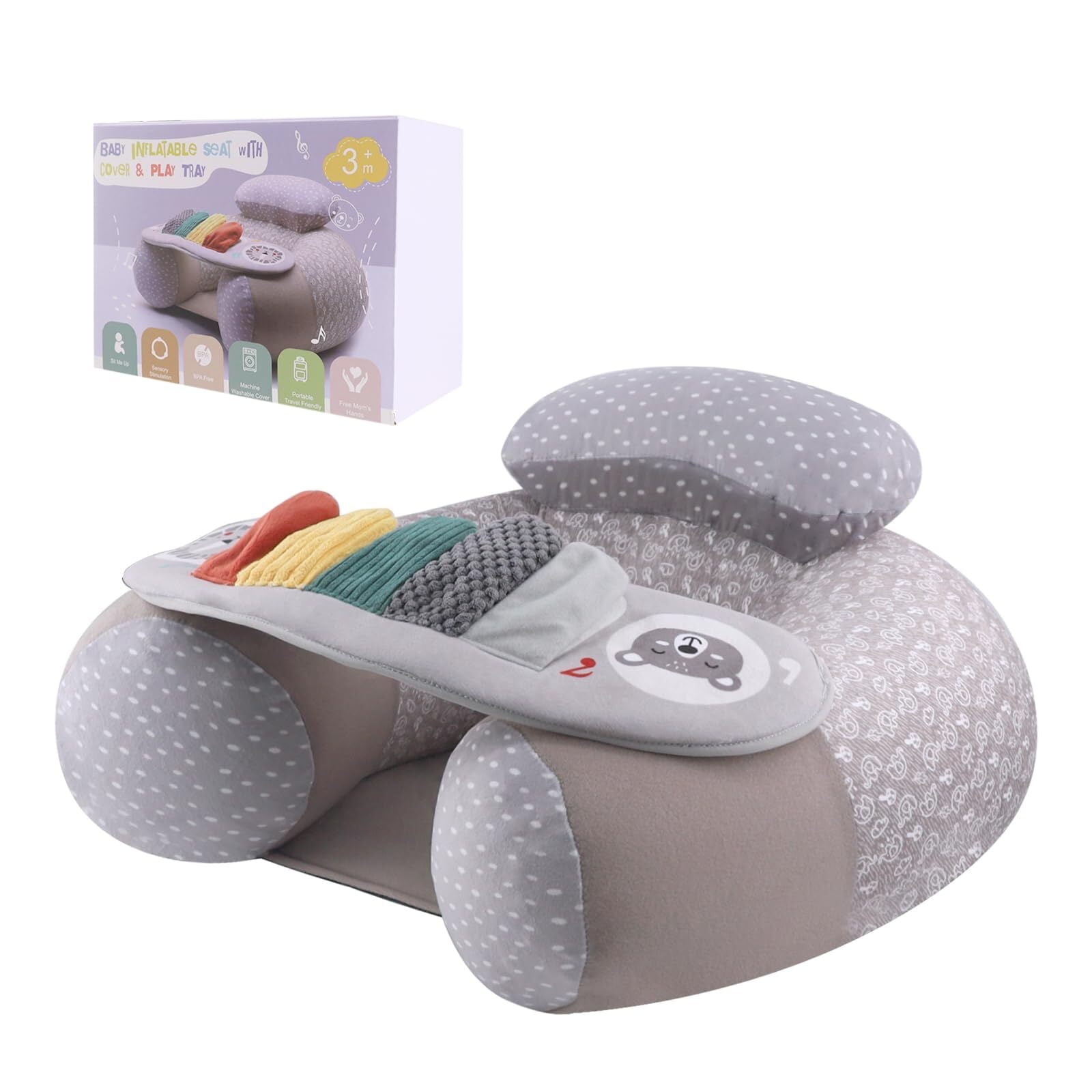 RoamReady Baby Inflatable Seat with Cover for Babies 3-36 Months, Portable Baby Chair Sit Me Up Floor Seat with Detachable Activity Sensory Tray, Baby Seats for Sitting Up, Piano