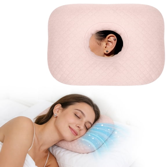 RoamReady Cooling Ear Piercing Pillow for Side Sleepers, Earring Pillow with Hole for Sleeping, Washable Donut Pillows for Piercing, Cnh, Headphone, Ear Pain and Pressure Relief, Pink