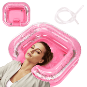 RoamReady Inflatable Hair Washing Basin with Pillow & Drain Hose for Bedridden, Disabled, Injured, Dreadlocks Pink