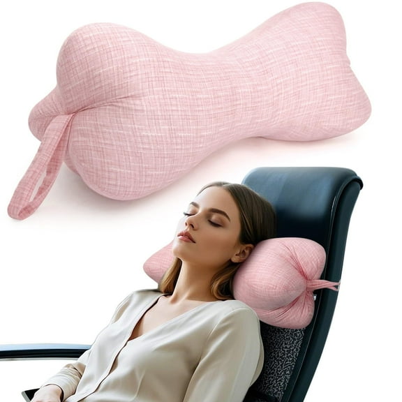 RoamReady Neck & Cervical Pillows, Dog Bone Shaped Neck Pillow with Fixed Rope & Have Loops on End, for Chiropractic Lumbar Spine, for Car Bus Truck Driving Travel Comfort Head Rest Support,Pink