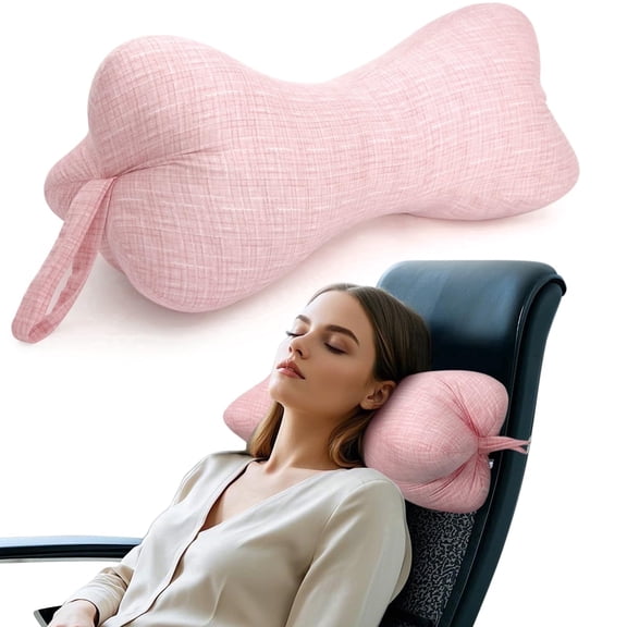 RoamReady Dog Bone Neck Pillow, Fixed Rope Loops Chiropractic Support, Travel Driving Lumbar Comfort, Adult Pink
