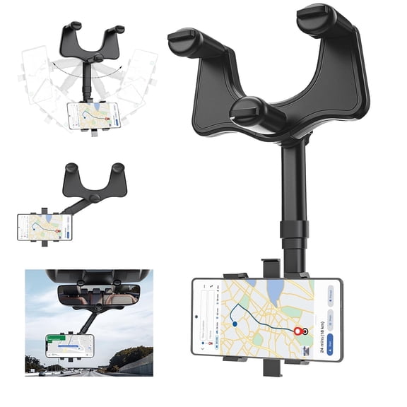 ASTRAEA 2 Pack Car Phone Holder, 360° Rotatable and Retractable Rear View Mirror Phone Holder for All Mobile Phones, Black