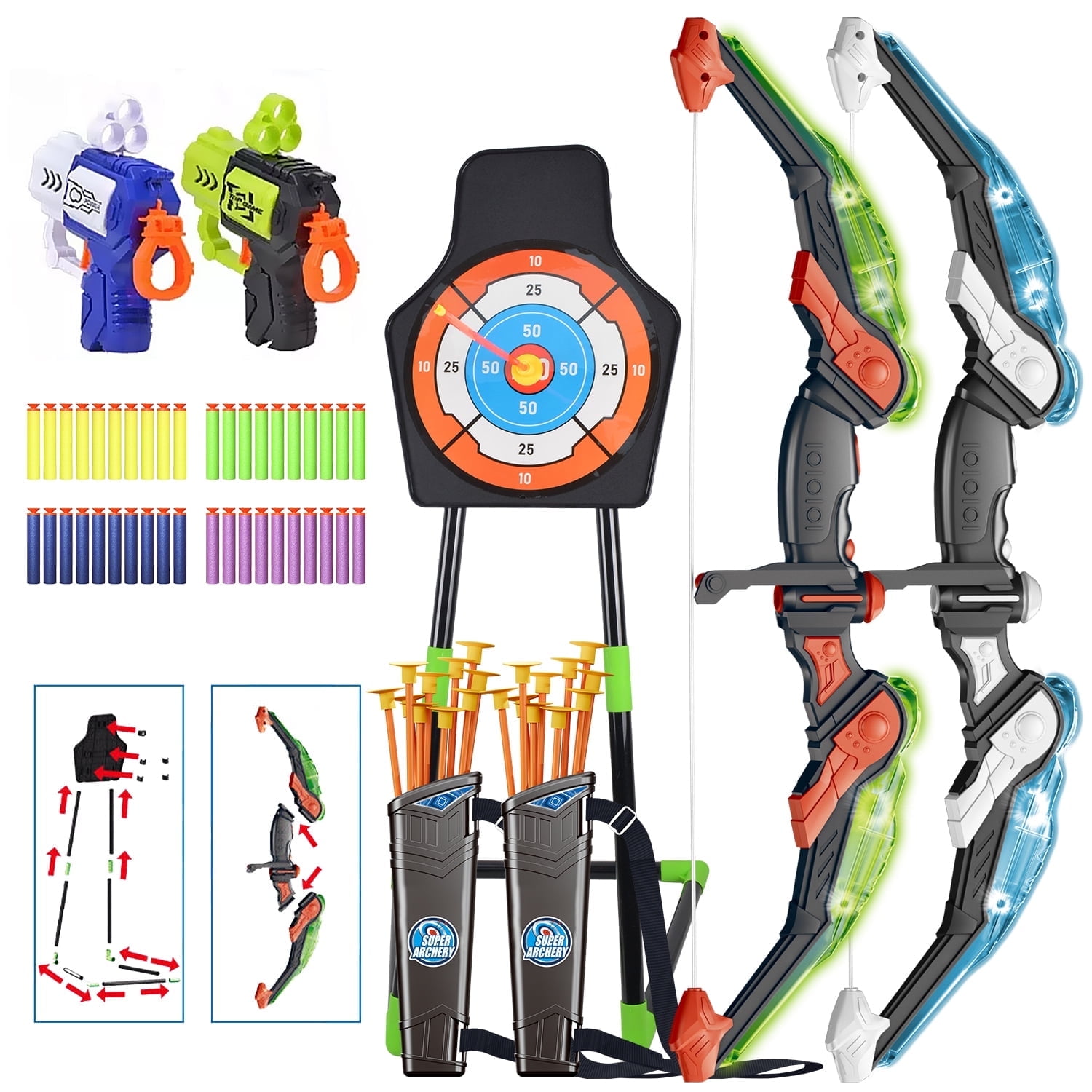 ASTRAEA 2 Pack Bow and Arrow Set for Kids, LED Light Up Archery Set with Shooting Game Toy & Standing Target for Boys and Girls Age 5 6 7 8 9 10 11+, Indoor Outdoor Activity Gift for Christmas
