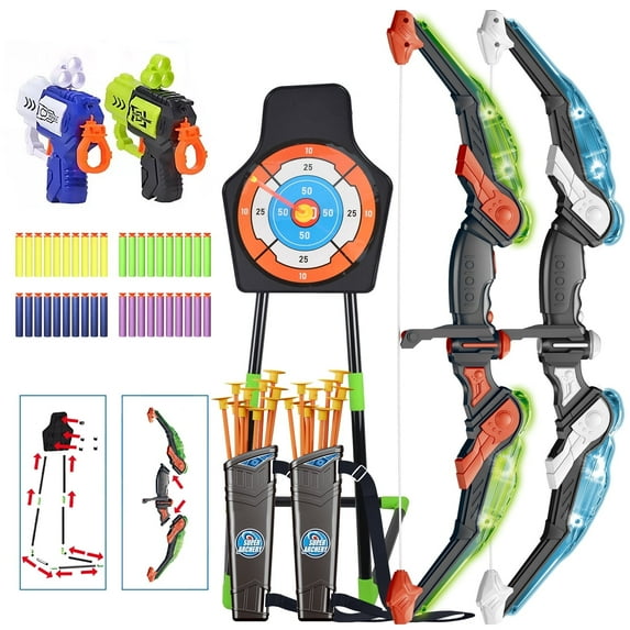 ASTRAEA 2 Pack Bow and Arrow Set for Kids, LED Light Up Archery Set with Shooting Game Toy & Standing Target for Boys and Girls Age 5 6 7 8 9 10 11+, Indoor Outdoor Activity Gift for Christmas